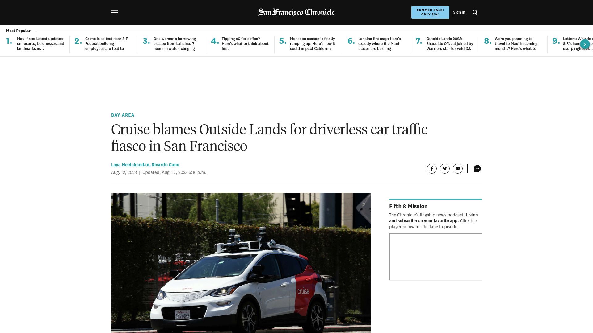 Screenshot of sfchronicle.com: Cruise blames Outside Lands for driverless car traffic fiasco in San Francisco