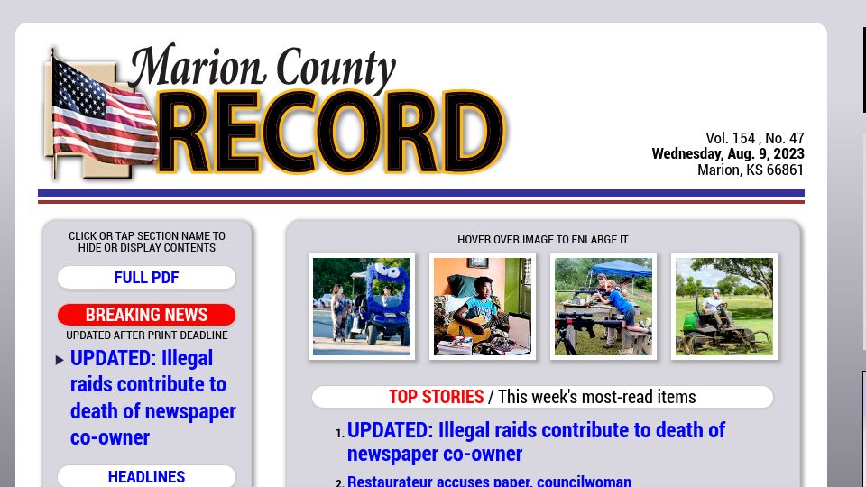 Screenshot of marionrecord.com: Illegal raids contribute to death of newspaper co-owner