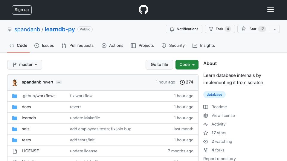 Screenshot of github.com: Show HN: I wrote a RDBMS (SQLite clone) from scratch in pure Python