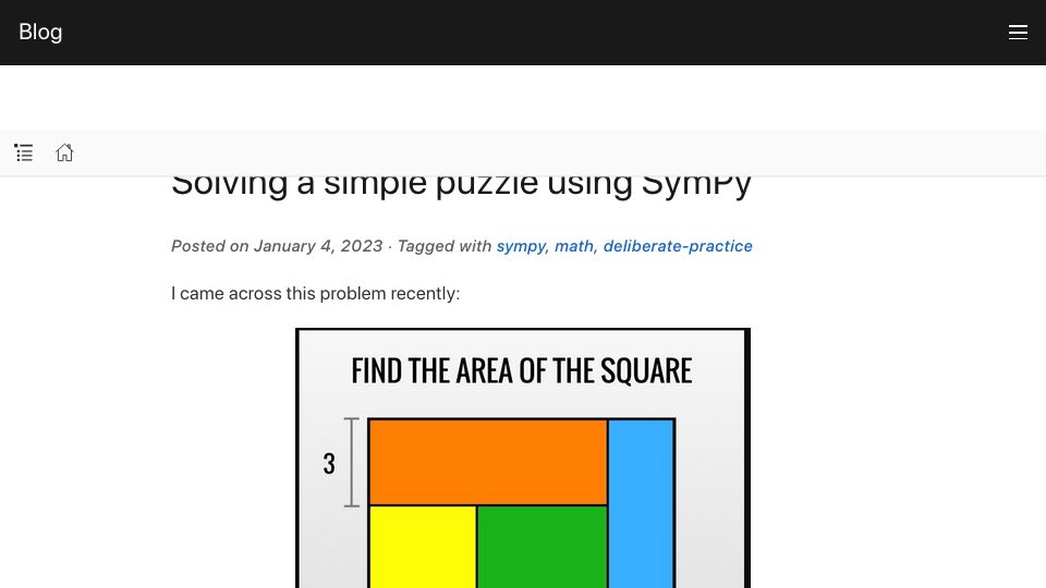 Screenshot of wsdookadr.github.io: Solving a simple puzzle using SymPy