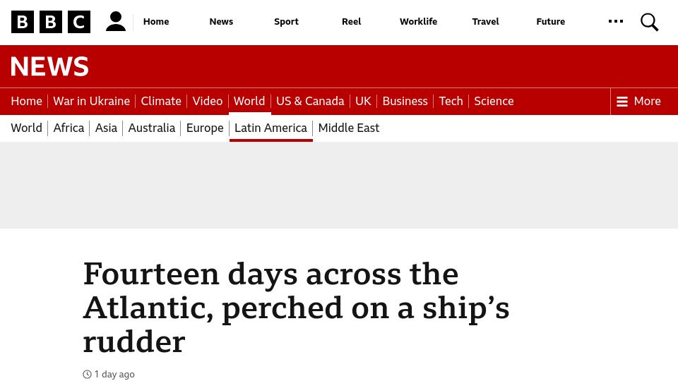 Screenshot of bbc.co.uk: Fourteen days across the Atlantic, perched on a ship’s rudder
