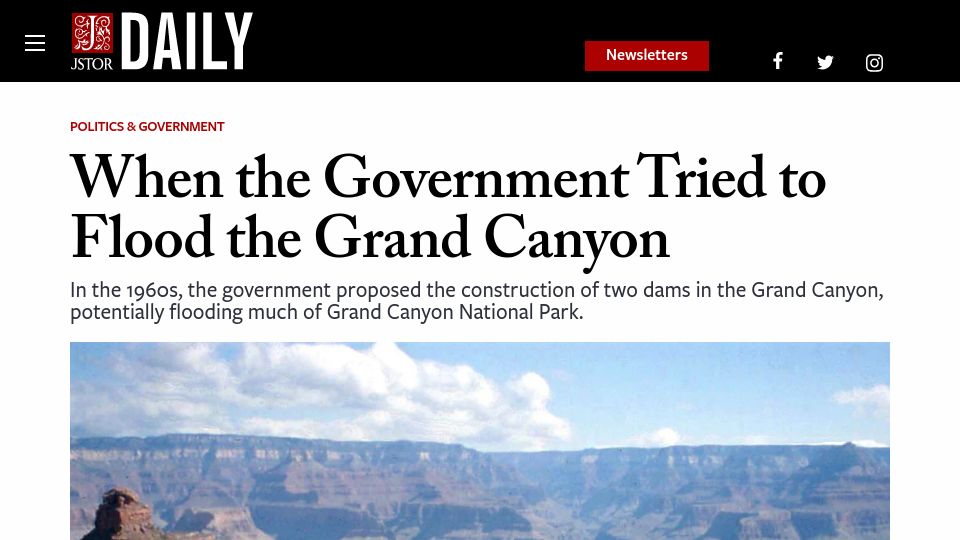 Screenshot of daily.jstor.org: When the Government Tried to Flood the Grand Canyon