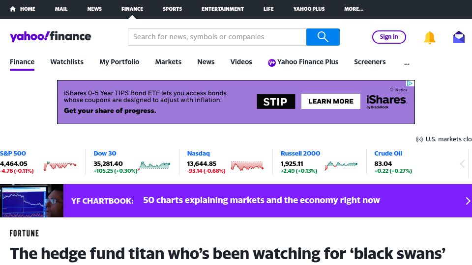 Screenshot of finance.yahoo.com: Mark Spitznagel says the ‘greatest credit bubble in human history’ is set to pop