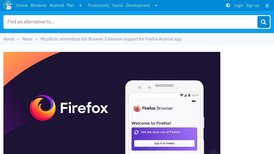 Screenshot of alternativeto.net: Mozilla to reintroduce full Browser Extension support for Firefox Android app