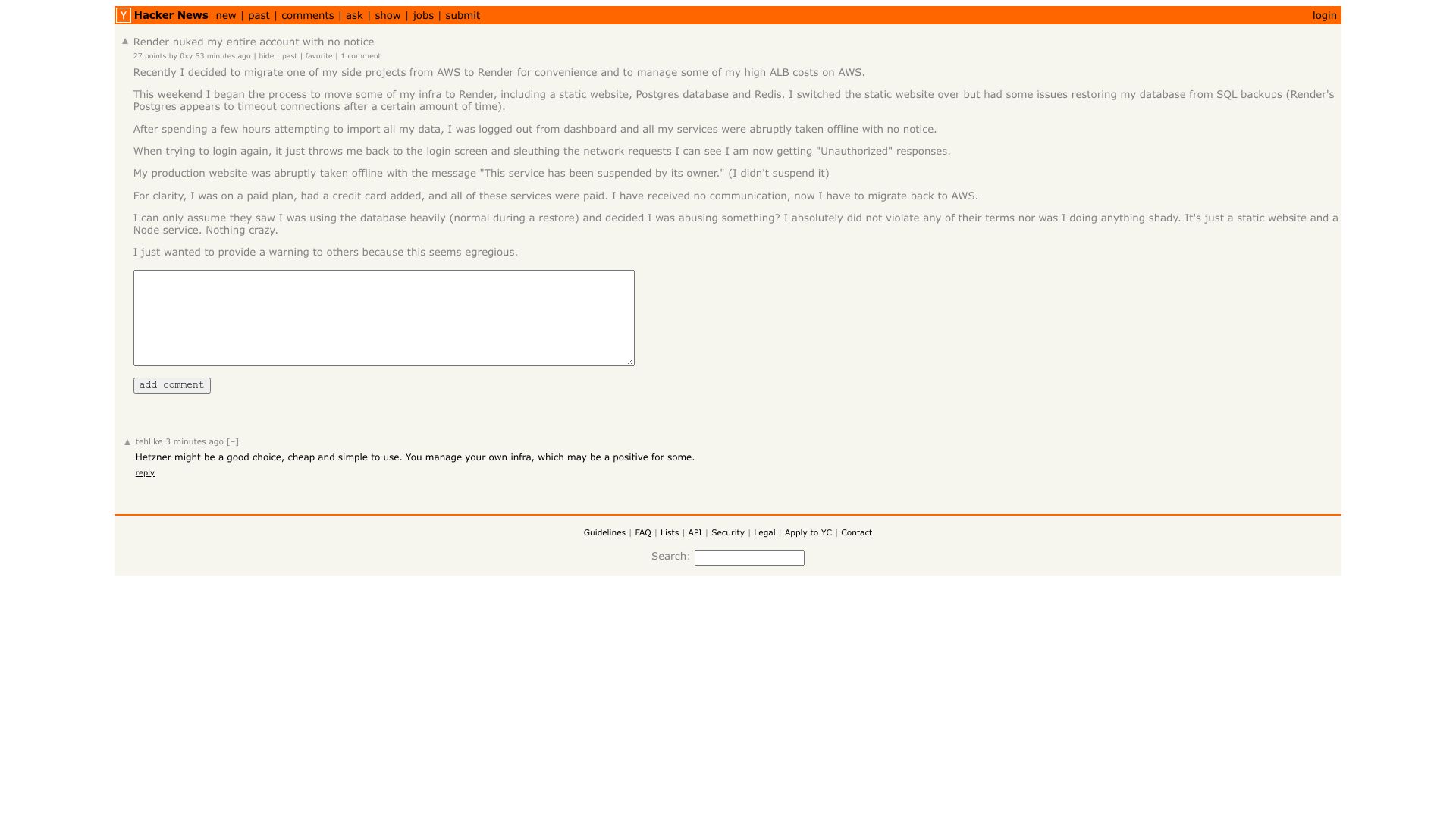 Screenshot of this Hacker News post: Render nuked my entire account with no notice