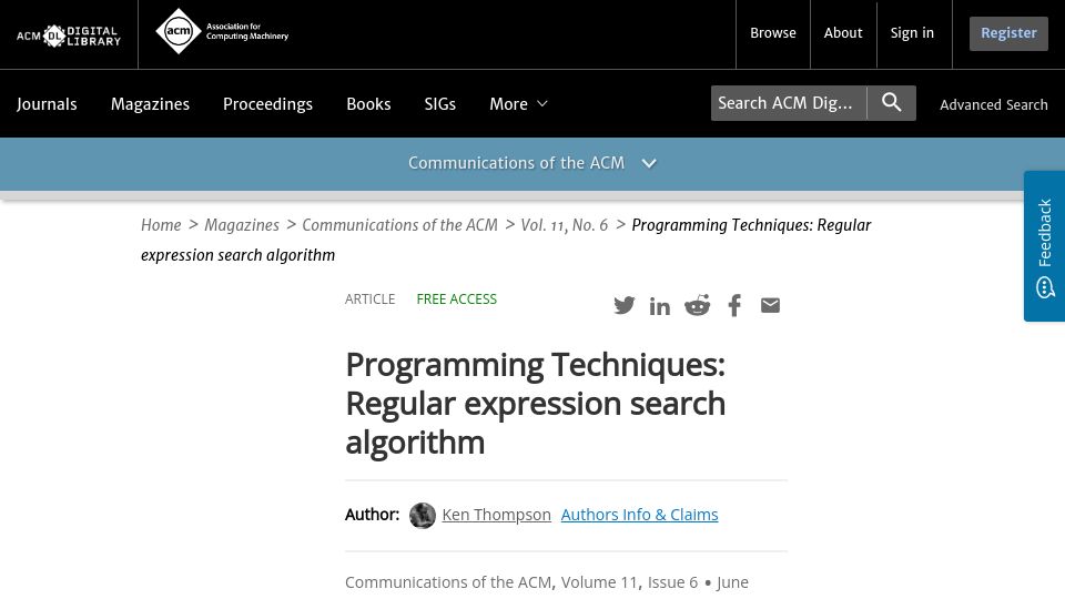 Screenshot of dl.acm.org: Programming Techniques: Regular expression search algorithm (1968)
