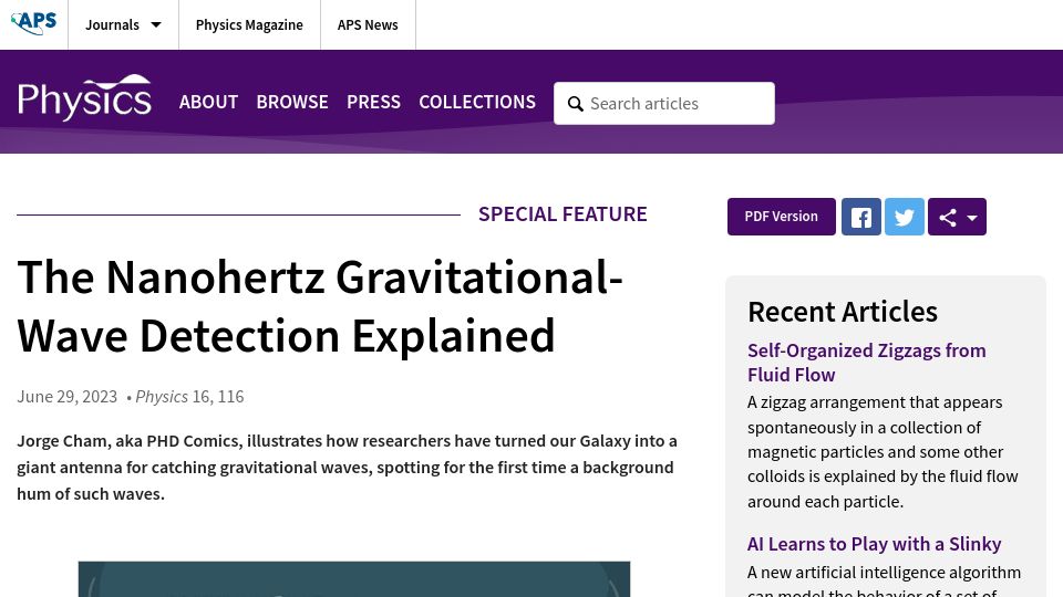 Screenshot of physics.aps.org: The Nanohertz Gravitational-Wave Detection Explained