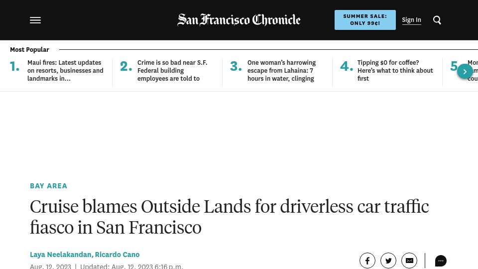 Screenshot of sfchronicle.com: Cruise blames Outside Lands for driverless car traffic fiasco in San Francisco