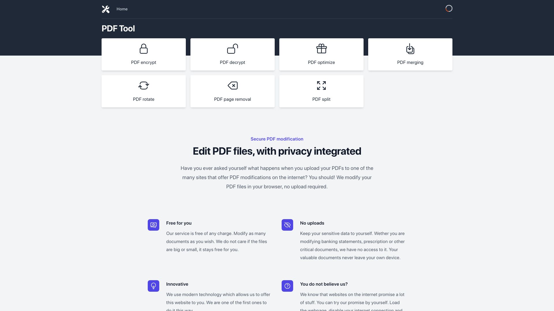 Screenshot of pdftool.org: PDF Tool – Modify PDFs in the browser without uploading