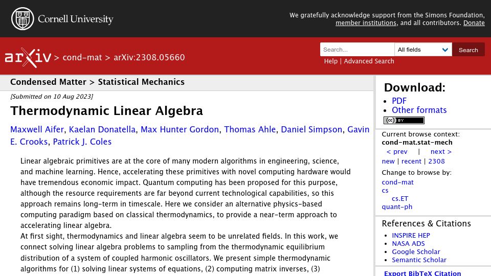 Screenshot of arxiv.org: Thermodynamic Linear Algebra