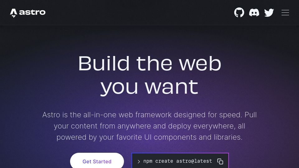Screenshot of astro.build: Astro: All-in-one web framework designed for speed