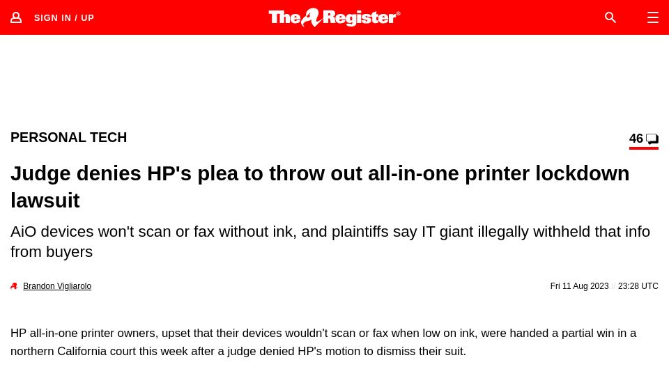Screenshot of theregister.com: Judge denies HP's plea to throw out all-in-one printer lockdown lawsuit