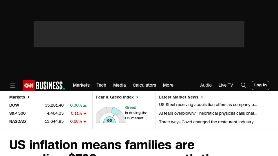 Screenshot of cnn.com: US inflation means families are spending $709 more per month than two years ago