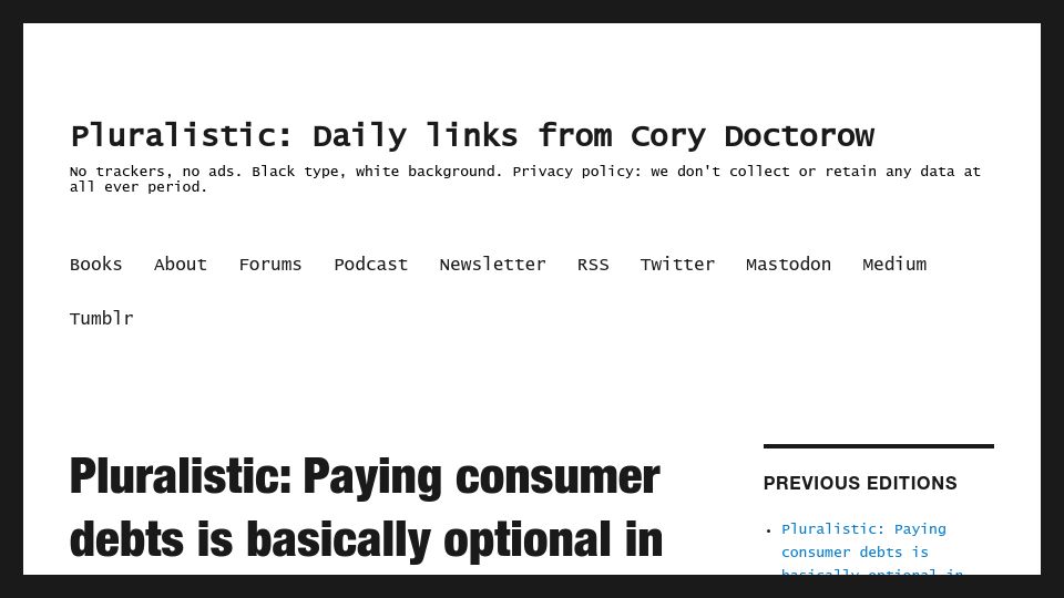 Screenshot of pluralistic.net: Paying consumer debts is basically optional in the United States