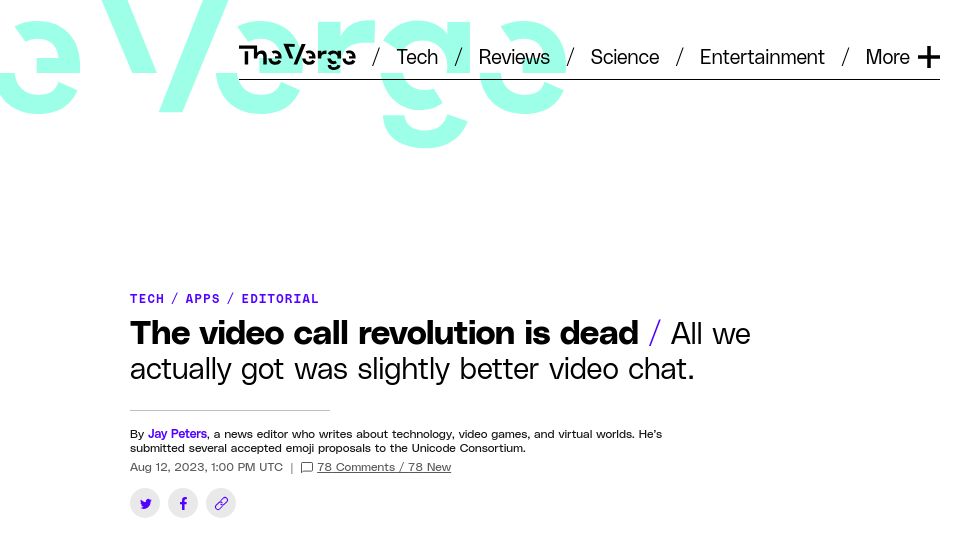 Screenshot of theverge.com: The video call revolution is dead