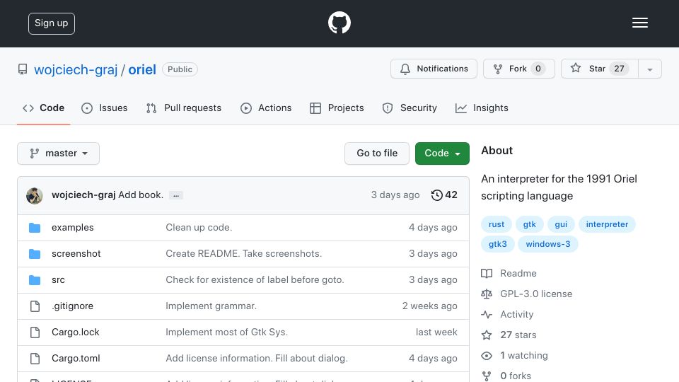Screenshot of github.com: An Interpreter for the 1991 Oriel scripting language