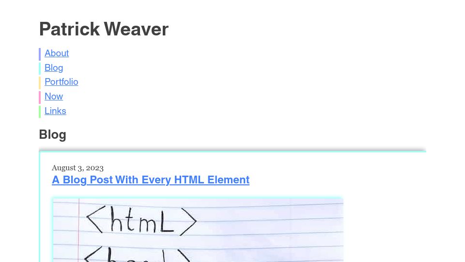 Screenshot of patrickweaver.net: A Blog Post with Every HTML Element
