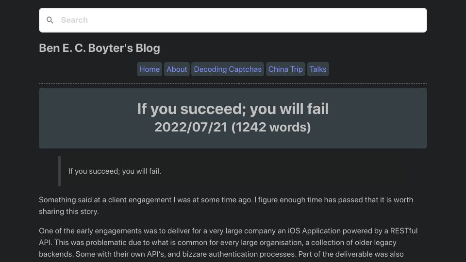 Screenshot of boyter.org: If you succeed you will fail