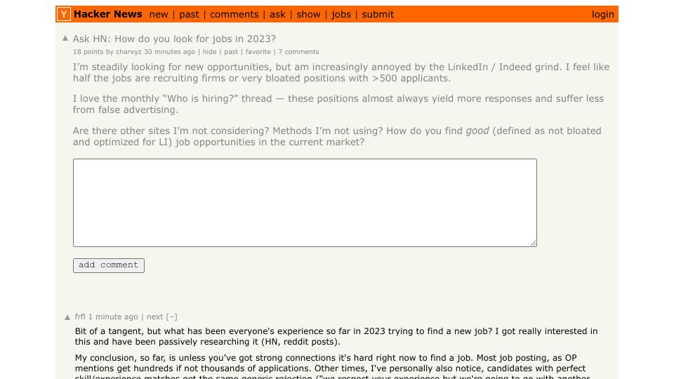 Screenshot of Hacker News post: Ask HN: How do you look for jobs in 2023?