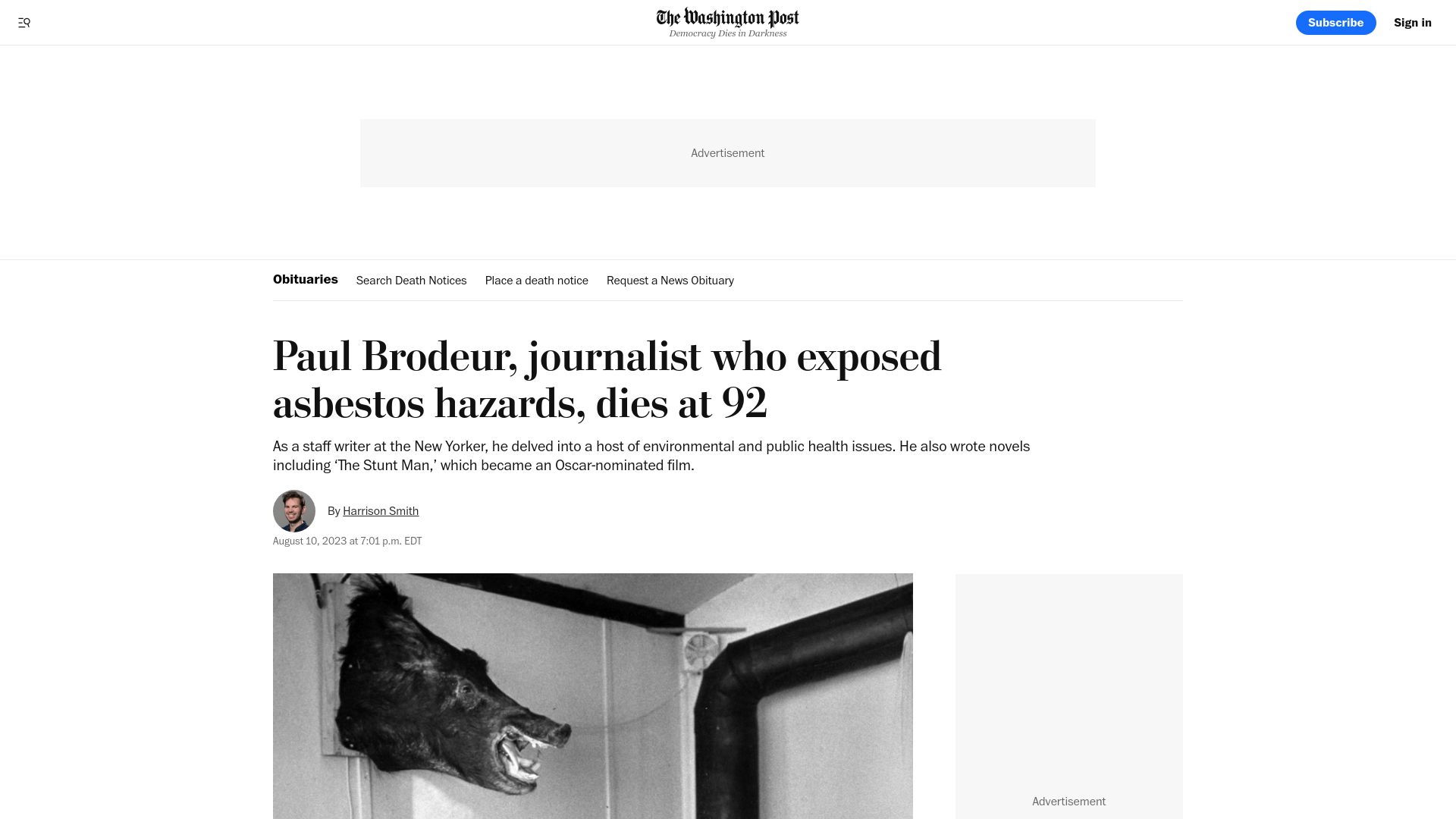 Screenshot of washingtonpost.com: Paul Brodeur, journalist who exposed asbestos hazards, dies at 92