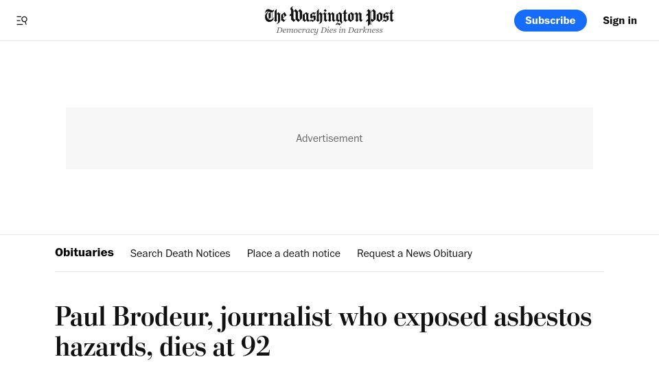 Screenshot of washingtonpost.com: Paul Brodeur, journalist who exposed asbestos hazards, dies at 92