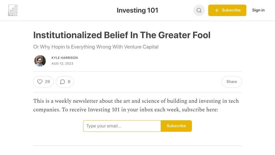 Screenshot of investing1012dot0.substack.com: Institutionalized Belief in the Greater Fool