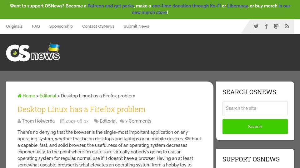 Screenshot of osnews.com: Desktop Linux has a Firefox problem