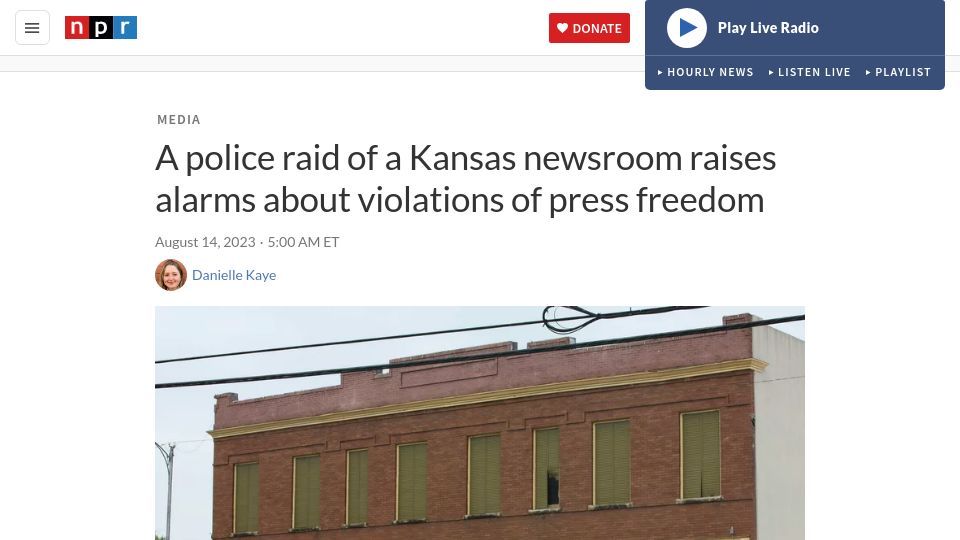 Screenshot of npr.org: Police raid of a Kansas newsroom raises alarms about violations of press freedom