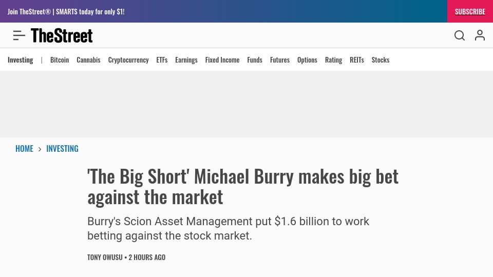 Screenshot of thestreet.com: Michael Burry shorts Major index in sizable bets