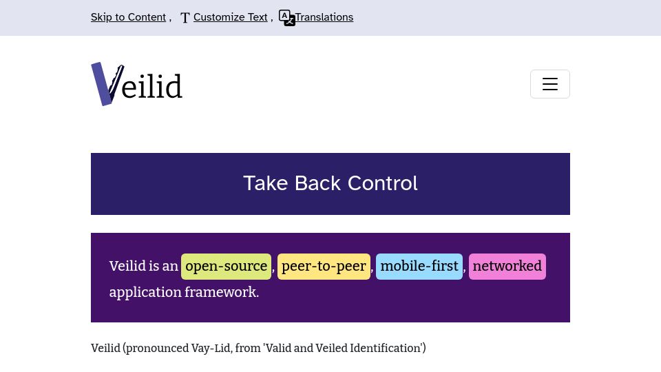 Screenshot of veilid.com: Veilid is an open-source, P2P, mobile-ﬁrst, networked application framework
