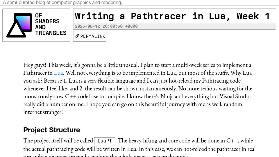 Screenshot of blog.42yeah.is: Writing a Pathtracer in Lua, Week 1
