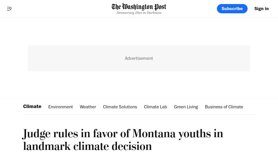 Screenshot of washingtonpost.com: Judge rules in favor of Montana youths in landmark climate decision