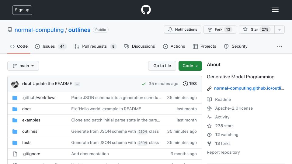 Screenshot of github.com: Show HN: LLMs can generate valid JSON 100% of the time