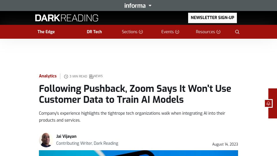 Screenshot of darkreading.com: Following pushback, Zoom says it won't use customer data to train AI models