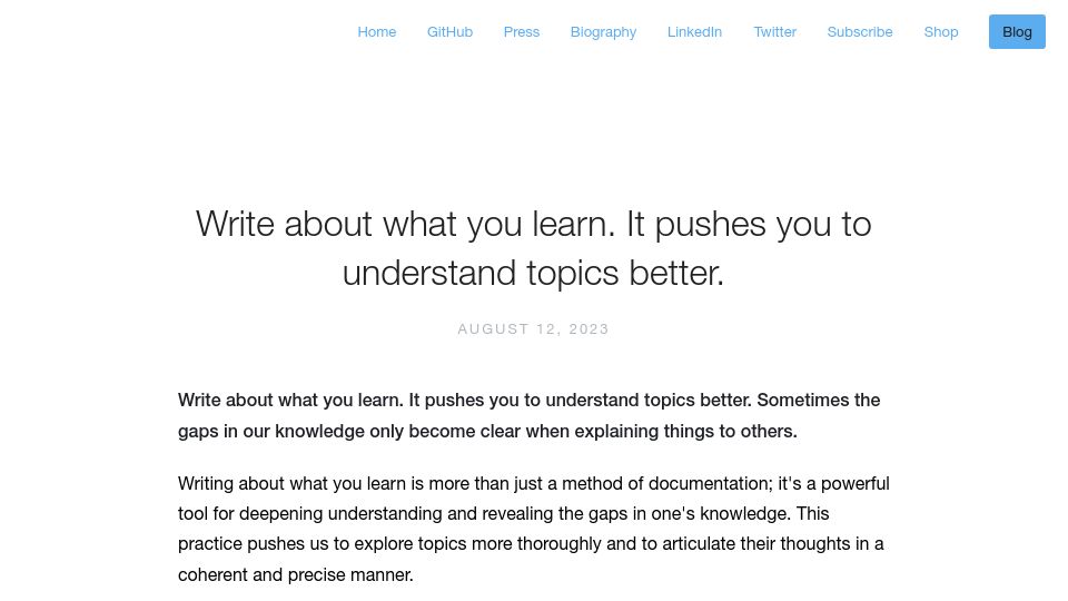 Screenshot of addyosmani.com: Writing about what you learn pushes you to understand topics better