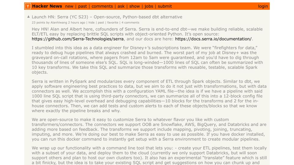 Screenshot of Hacker News post: Launch HN: Serra (YC S23) – Open-core, Python-based dbt alternative