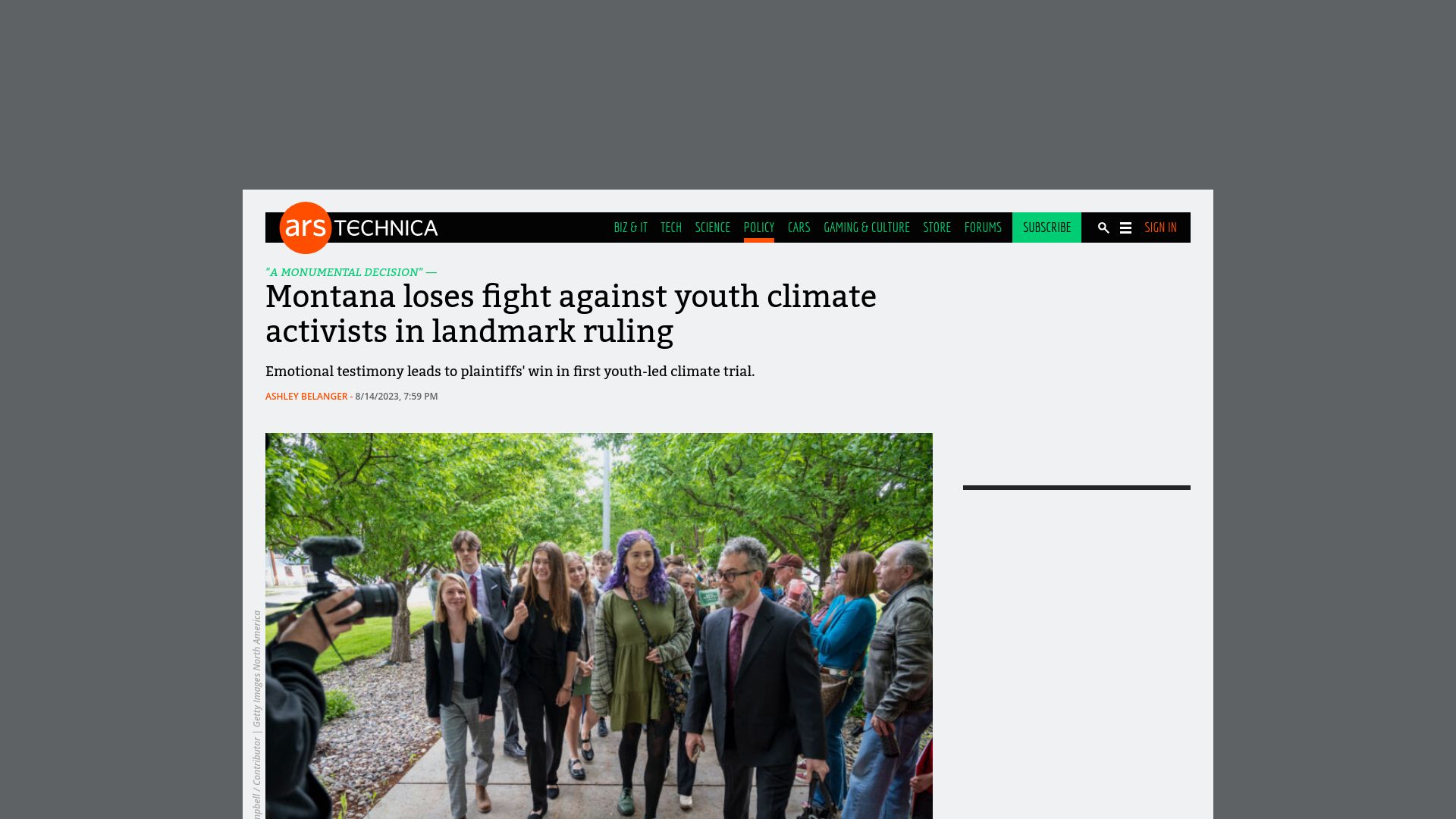 Screenshot of arstechnica.com: Montana loses fight against youth climate activists in landmark ruling