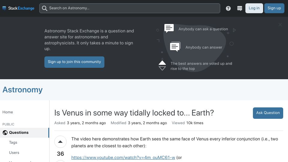 Screenshot of astronomy.stackexchange.com: Is Venus in some way tidally locked to Earth? (2020)