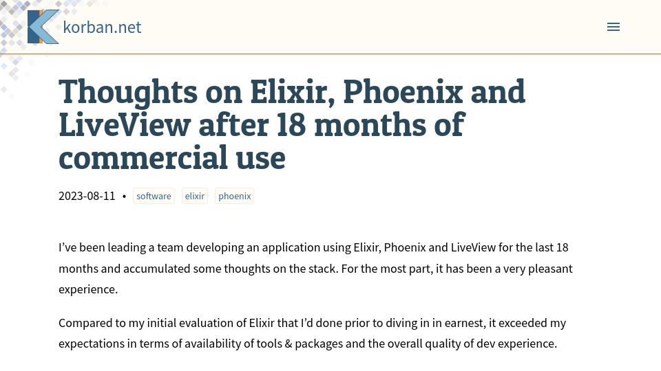 Screenshot of korban.net: Thoughts on Elixir, Phoenix and LiveView after 18 months of commercial use