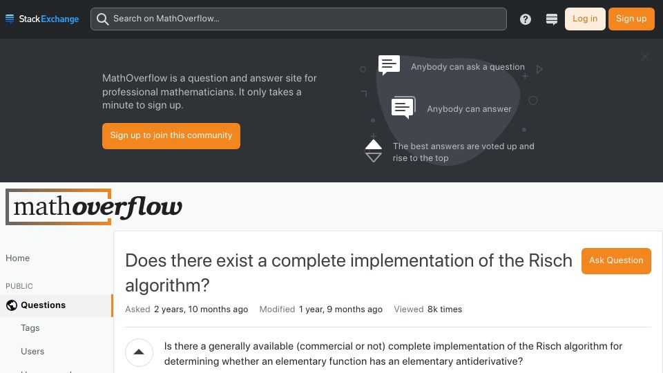 Screenshot of mathoverflow.net: Does there exist a complete implementation of the Risch algorithm?