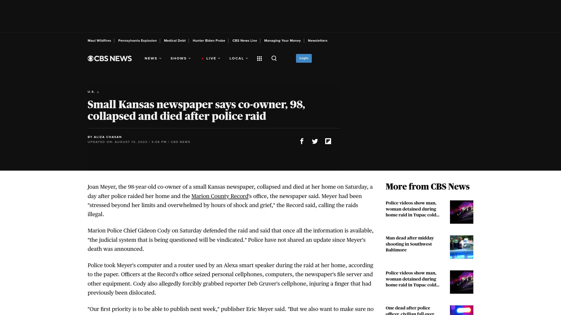 Screenshot of cbsnews.com: Small Kansas newspaper says co-owner, 98, collapsed and died after police raid