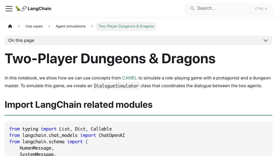 Screenshot of python.langchain.com: LangChain Agent Simulation – Multi-Player Dungeons and Dragons