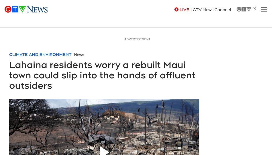 Screenshot of ctvnews.ca: Lahaina residents worry a rebuilt Maui could slip to the hands of rich outsiders