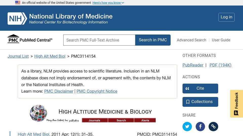 Screenshot of ncbi.nlm.nih.gov: Positive association between altitude and suicide in U.S. counties