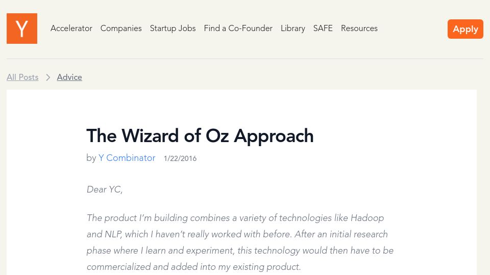 Screenshot of ycombinator.com: The Wizard of Oz Approach (2016)