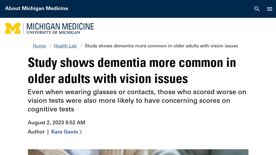 Screenshot of michiganmedicine.org: Study shows dementia more common in older adults with vision issues