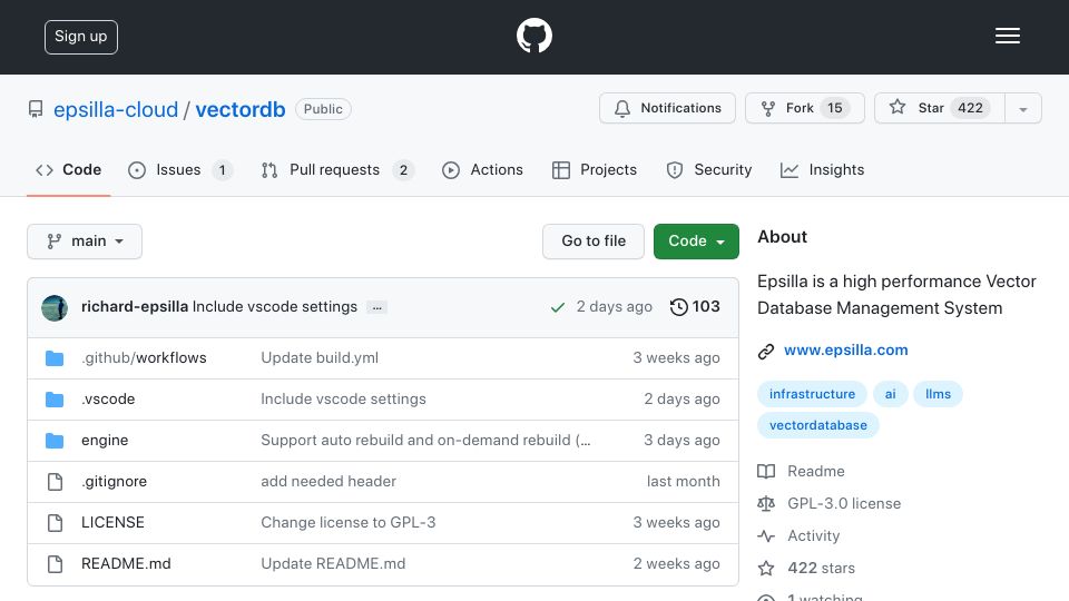 Screenshot of github.com: Show HN: Epsilla – Open-source vector database with low query latency