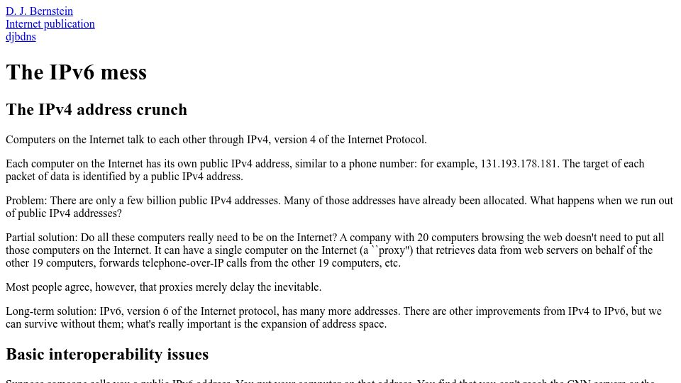 Screenshot of cr.yp.to: The IPv6 mess