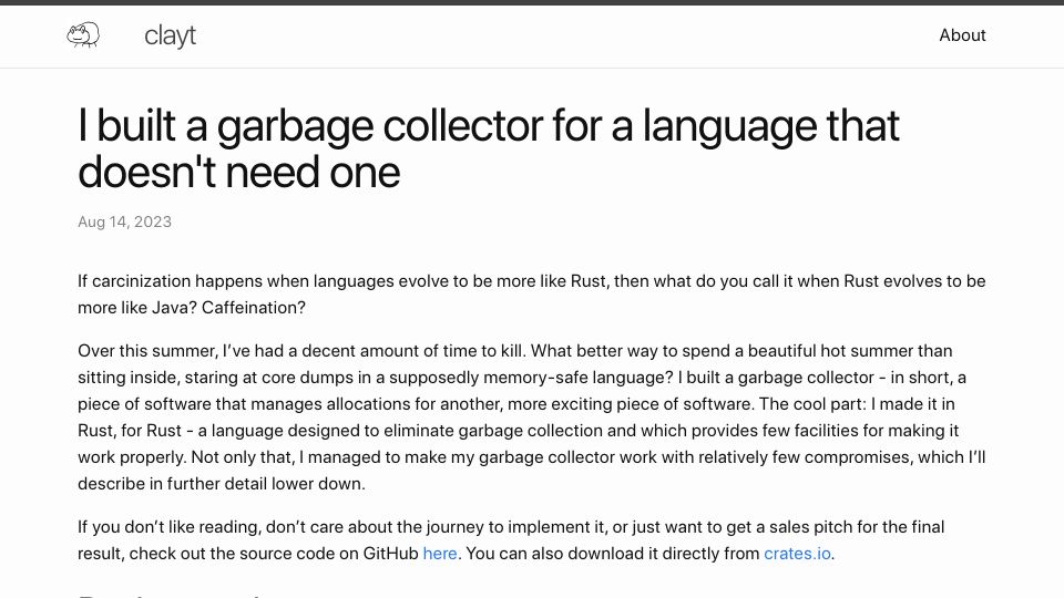 Screenshot of claytonwramsey.github.io: I built a garbage collector for a language that doesn’t need one