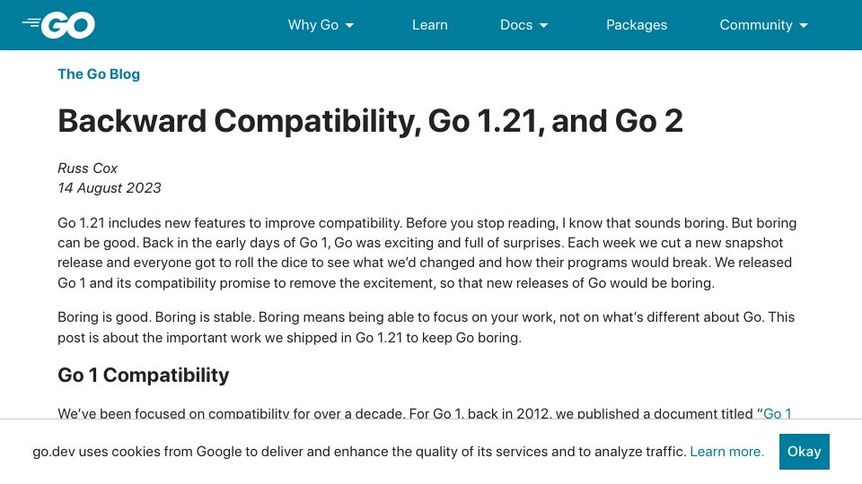 Screenshot of go.dev: Backward Compatibility, Go 1.21, and Go 2